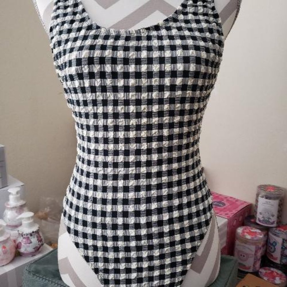 NWOT Pacific Connections vintage black & white gingham 1-piece swimsuit, sz 9/10